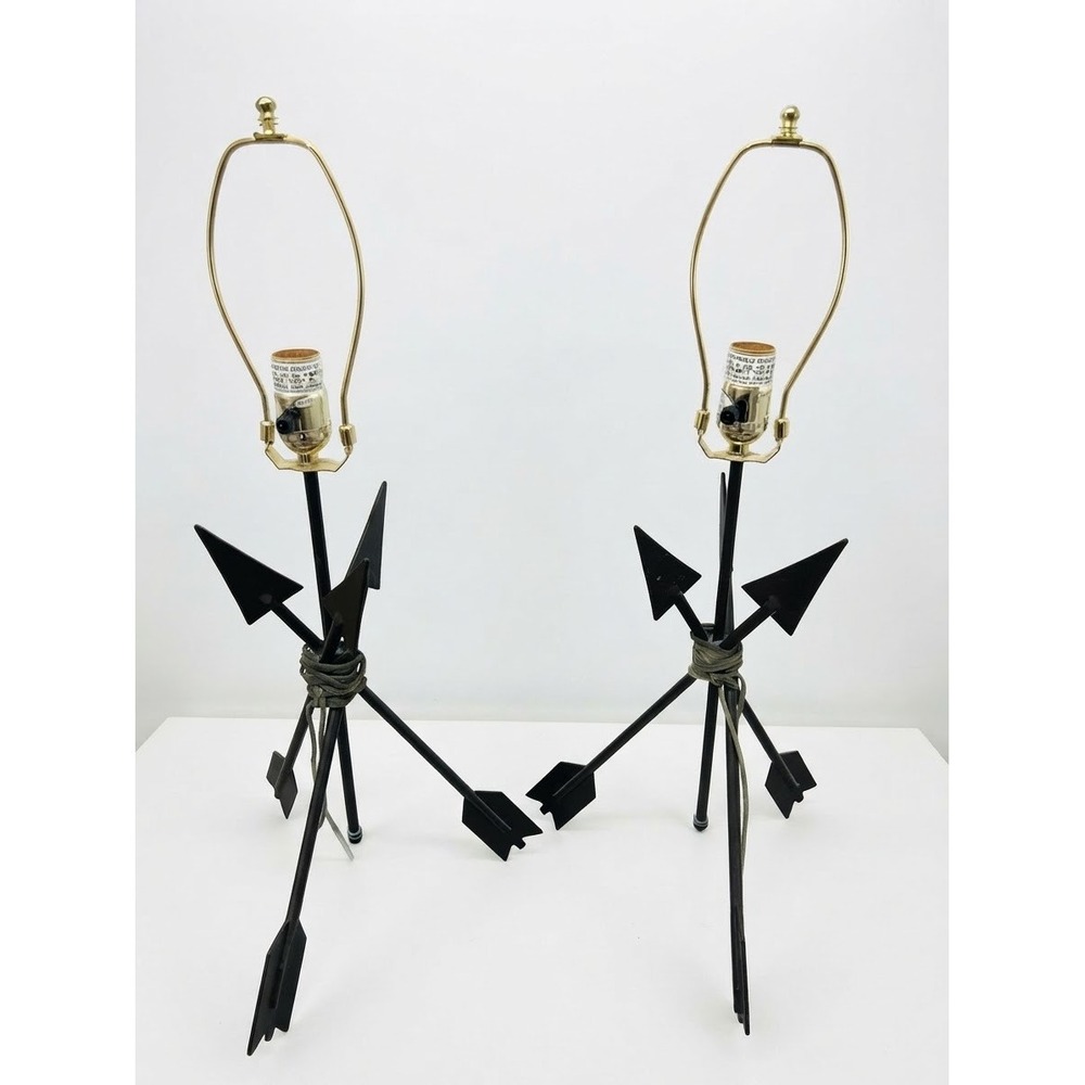 Vintage Metal Crossed Arrow Table Lamps Pair Set of 2 Rustic Western Country